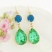 Vintage Peridot Green Teardrop and Ocean Blue Glass Rhinestone Glamour Dangle Earrings