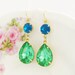 Vintage Peridot Green Teardrop and Ocean Blue Glass Rhinestone Glamour Dangle Earrings