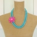 Vintage Enamel Flower Necklace Hot Fuchsia Pink Daisy Double Strand Turquoise Howlite Beaded Statement Necklace OOAK Neon
