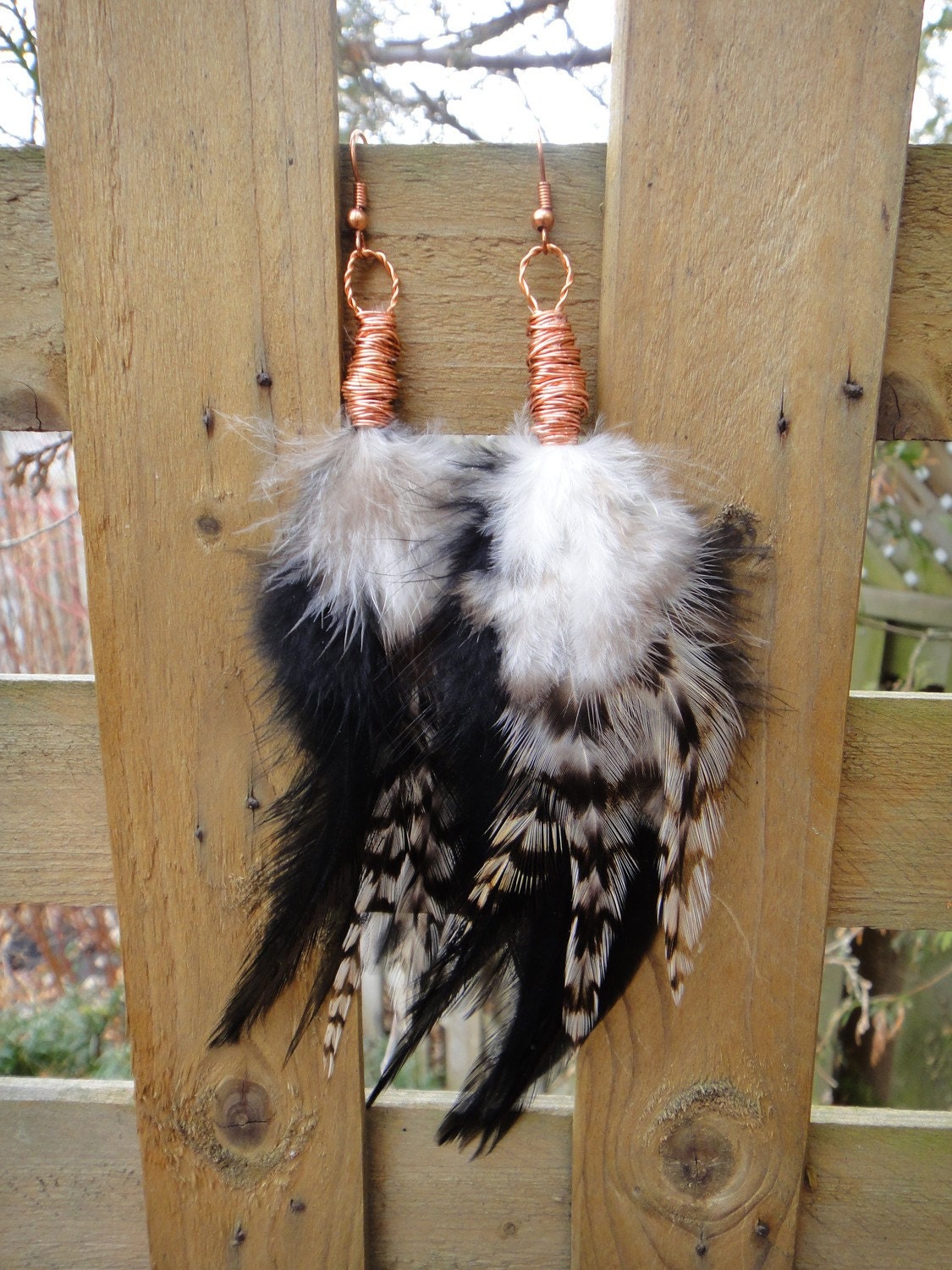 Native Feather Earrings, Black, Copper, Wire Wrapped, Handmade Feather Earrings