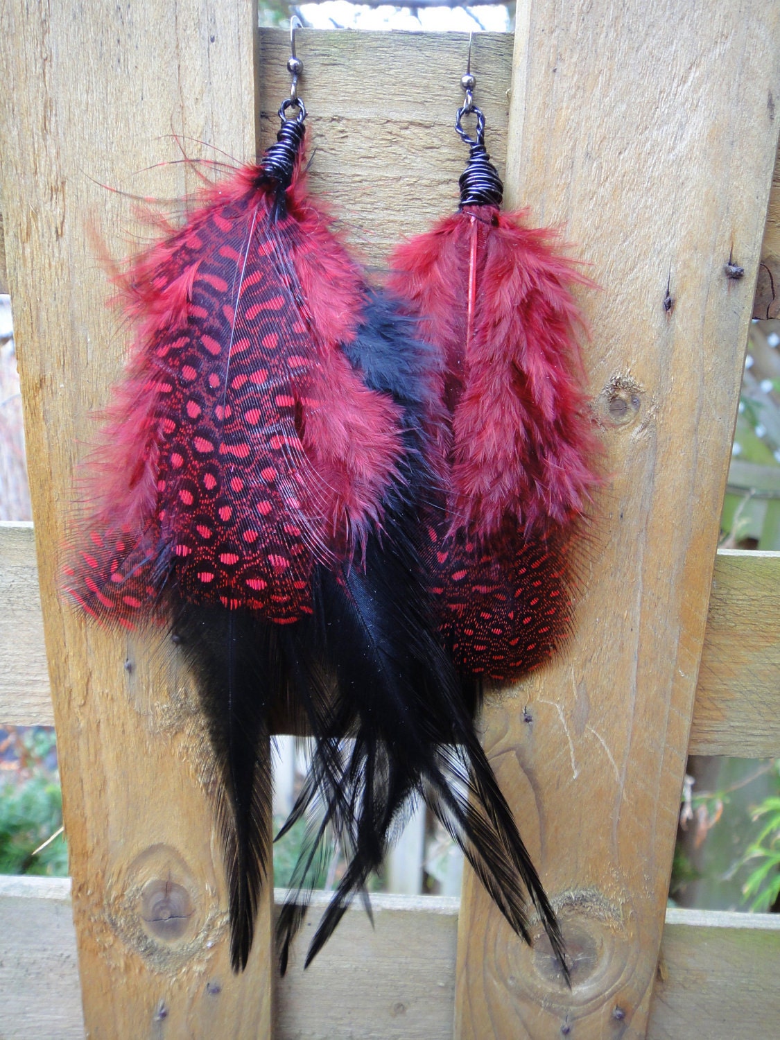 Garnet Guinea Feather Earrings, Black, Wire Wrapped, Burlesque, Burgundy, Black, Gothic