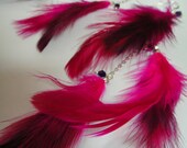 Magenta Feathers and Silver Chain Earrings, Fuchsia, Purple Crystal, Long Feather Earring, Burlesque,