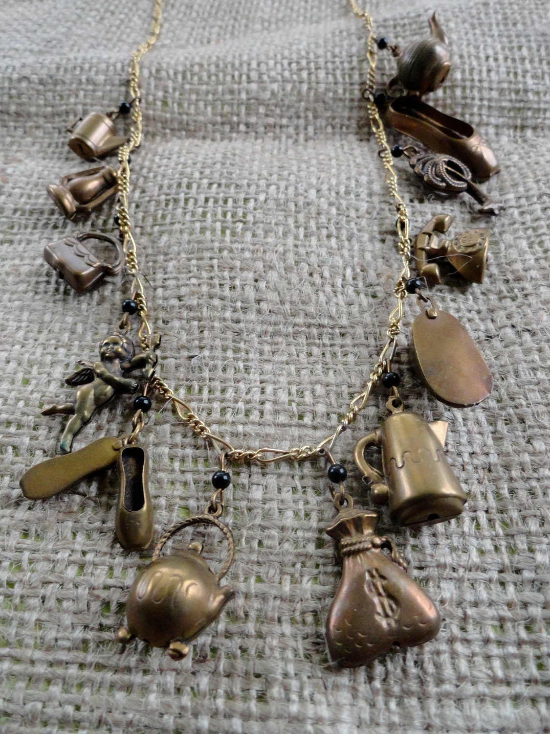 Vintage Signed PIDIDDLY LINKS Crafty Lady Copper Hobbyist Charm Necklace with Original Clasp