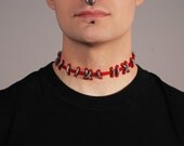 Frankenstein  Zombie Brite Red Blood  with Silver  Stitches Choker - wide stitch