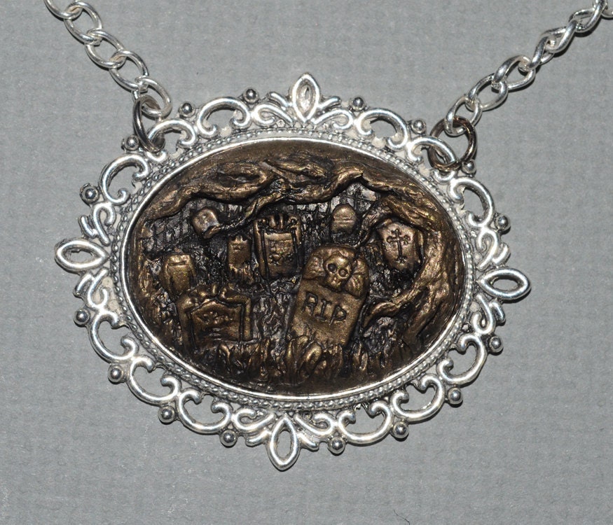 Creepy Cute Gothic Cameo Necklace  -  Ye Olde   Victorian Cemetery Cameo Necklace with Tombstones - Antique Gold Style