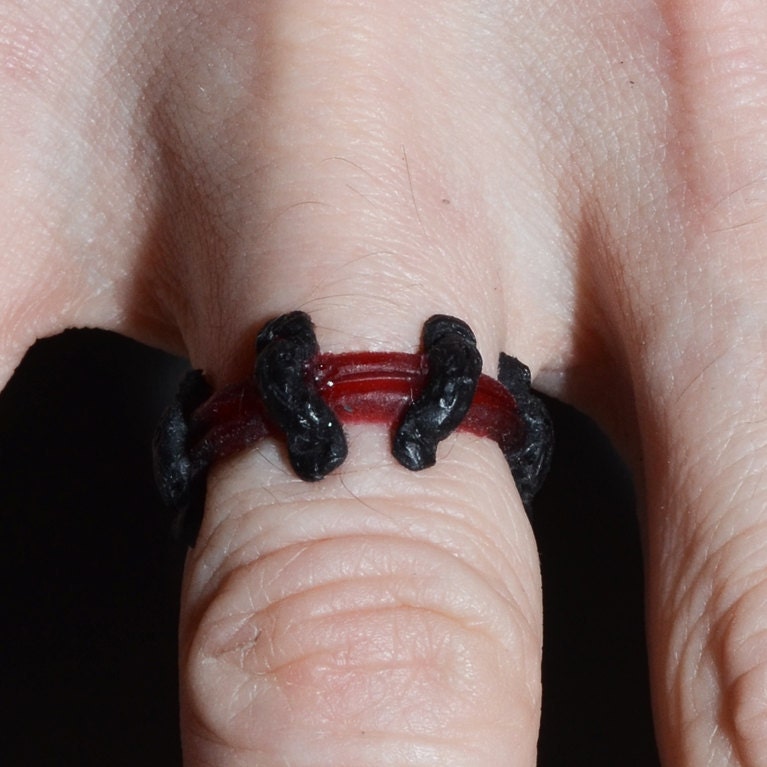 Gothic Stitches Zombie Ring- Dark Red  - Monster Stitches Frankenstein Psychobilly
