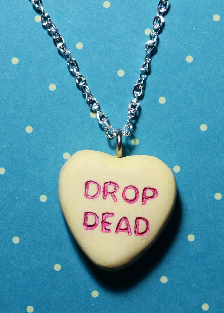 Candy Heart Necklace Rockabilly Psychobilly  Pendant  Charm- Drop Dead Candy Heart - Yellow