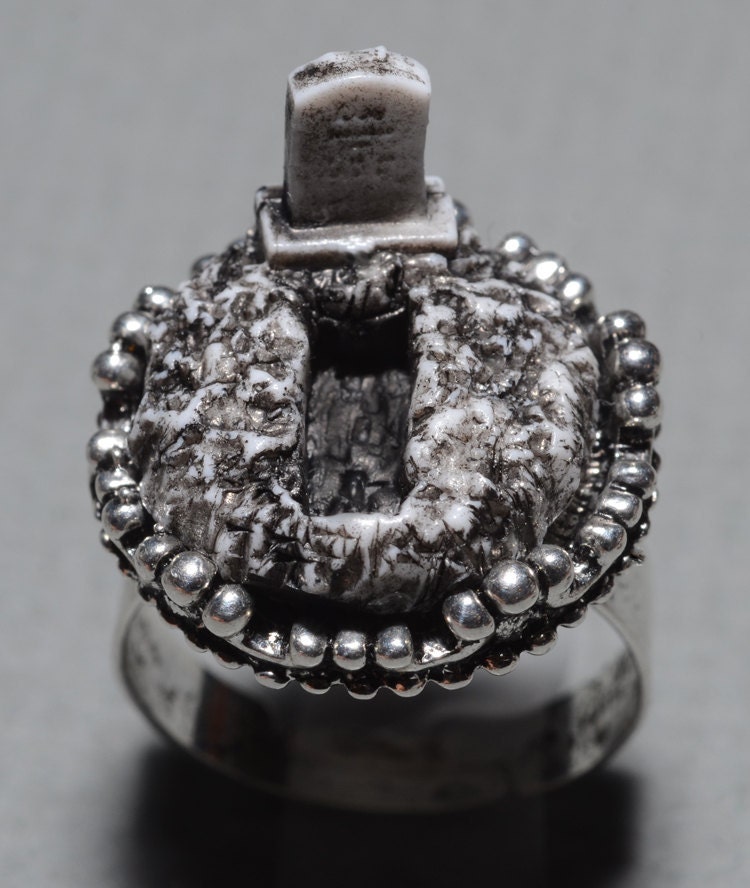 Halloween Costume jewelry - Cemetery Plot with Tombstone and Open Grave - Zombie Frankenstein