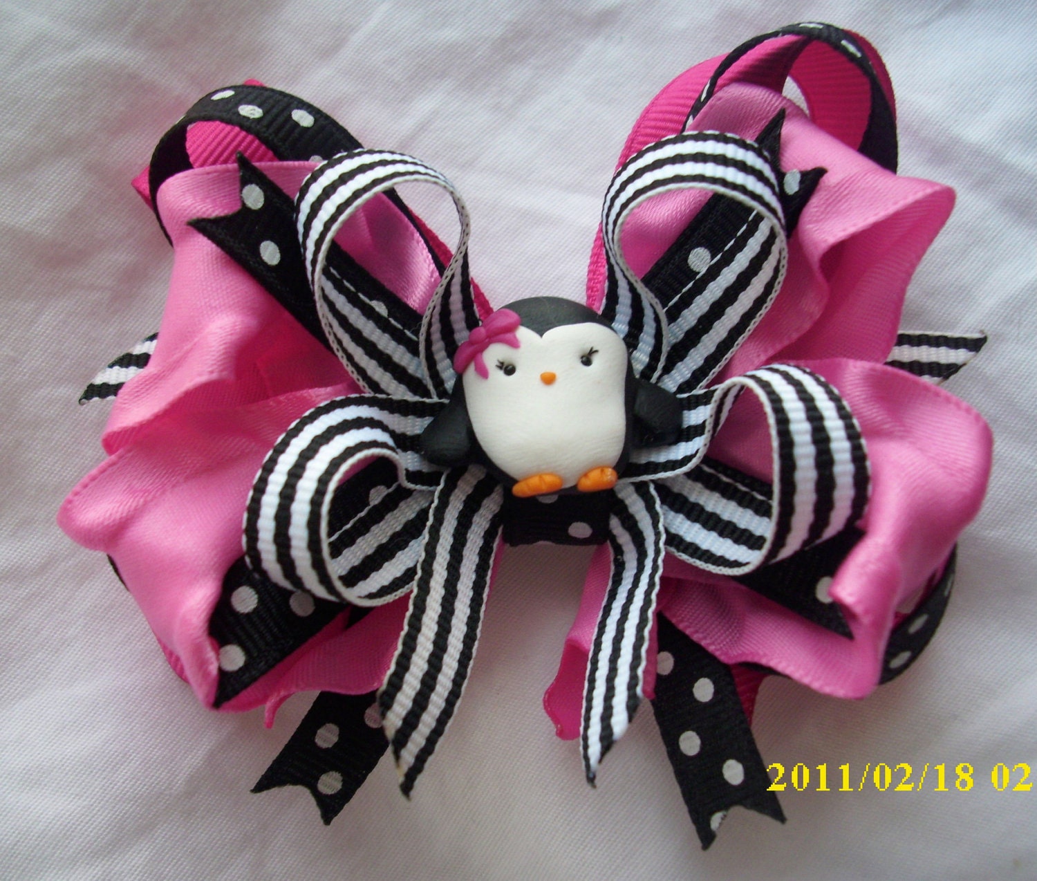 Polka Dot Penguin m2m Gymboree Layette Hair Bow with Pink Ribbon and Penguin Center