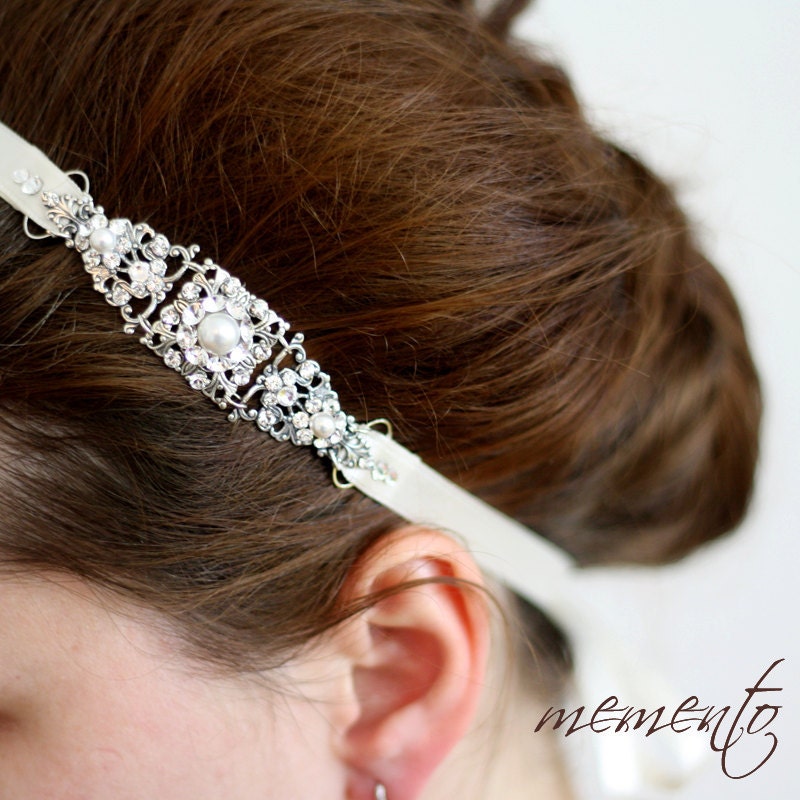 Cara Swarovski Rhinestones and Pearls Ribbon Headband / Bridal Hair Accessories / Weddings / Vintage look / Bridesmaid