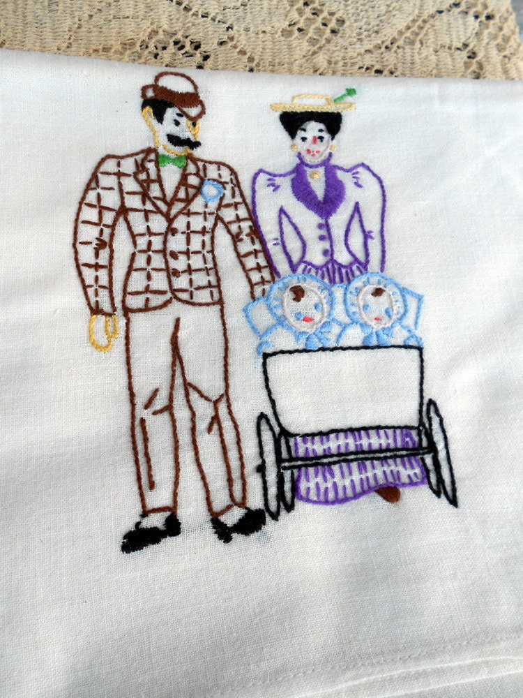 Antique Embroidered Tea Towels Victorian Just Married wedding Theme