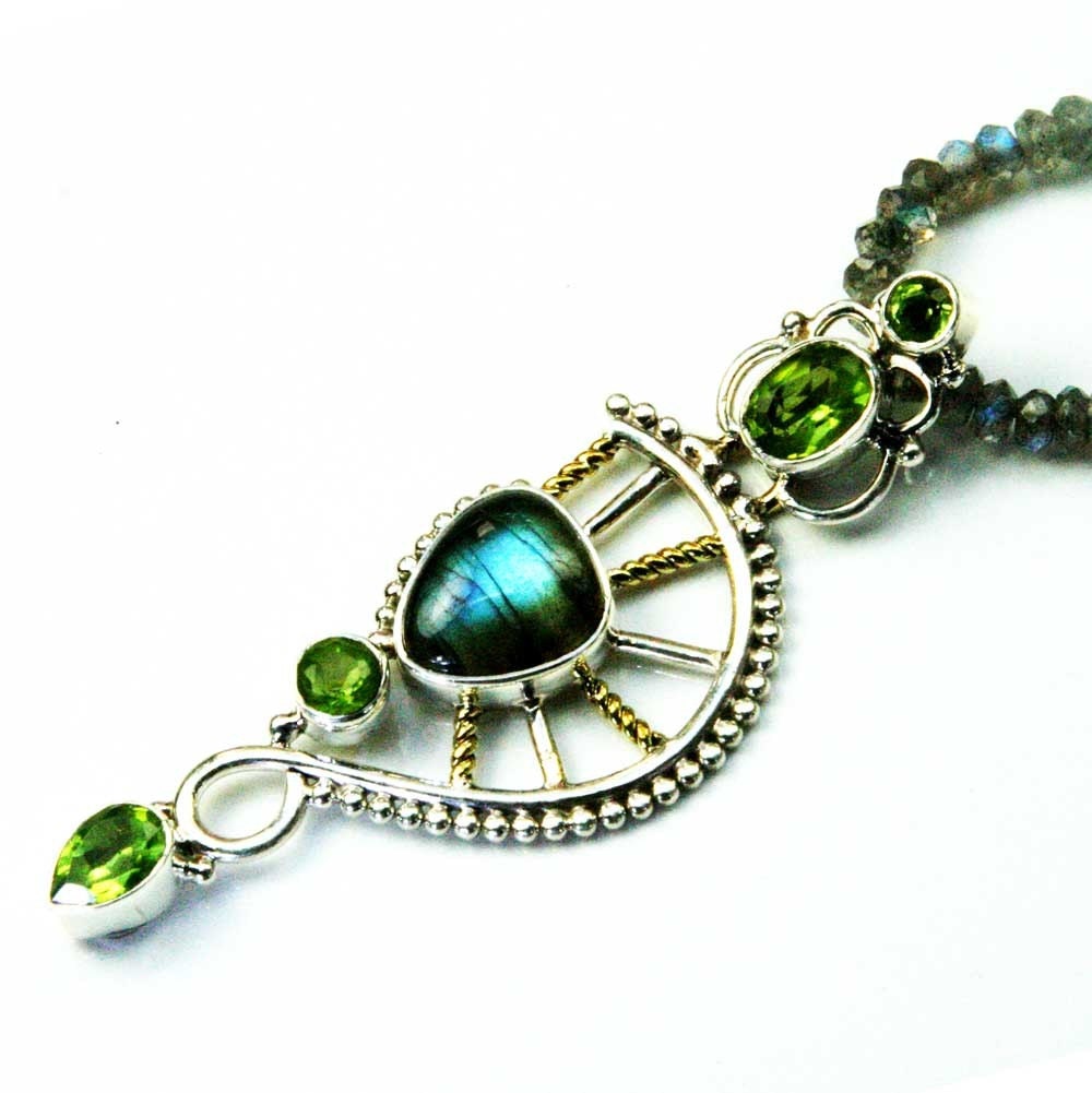 Handmade Necklace Sterling Silver Gold Labradorite Peridot Filigree