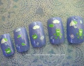 Kawaii Fake Nails- Happy Frogs in the Rain (Medium)