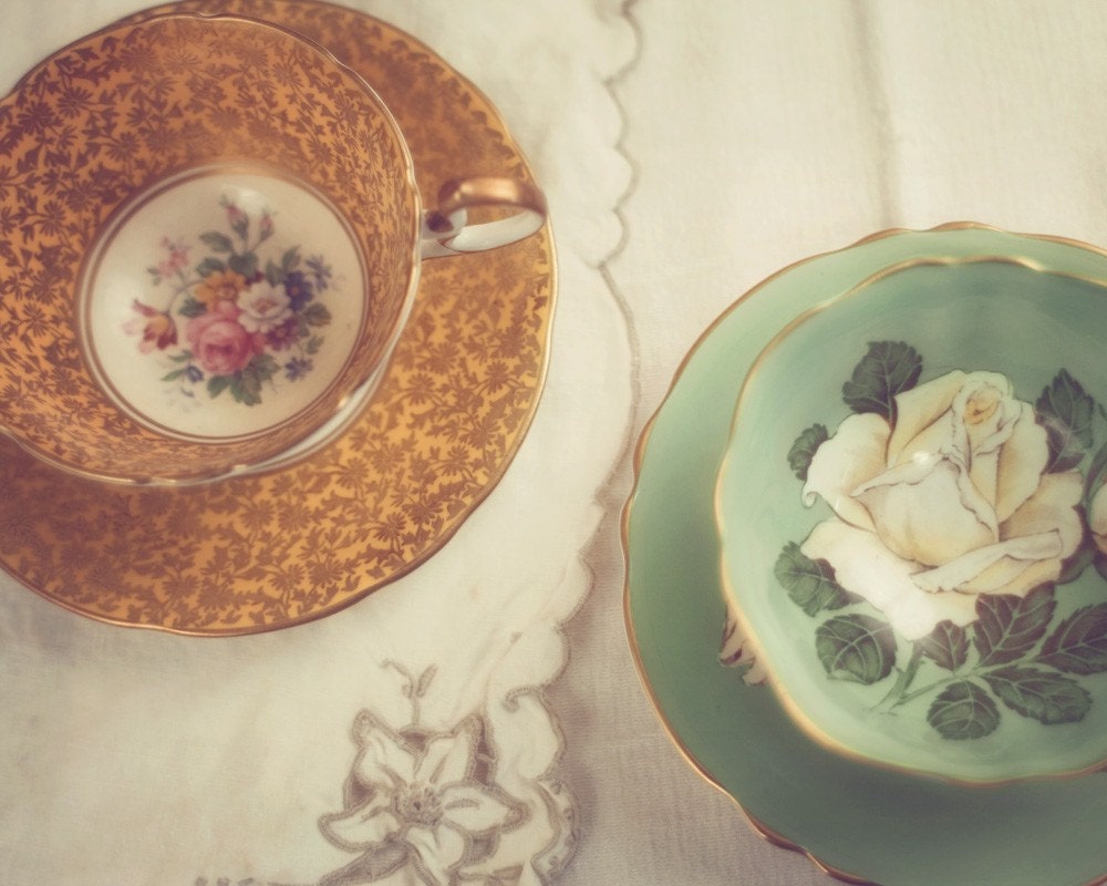 Two Teacups - 8 x 10 Fine Art Photograph - shabby chic nostalgic feminine tea party home decor print