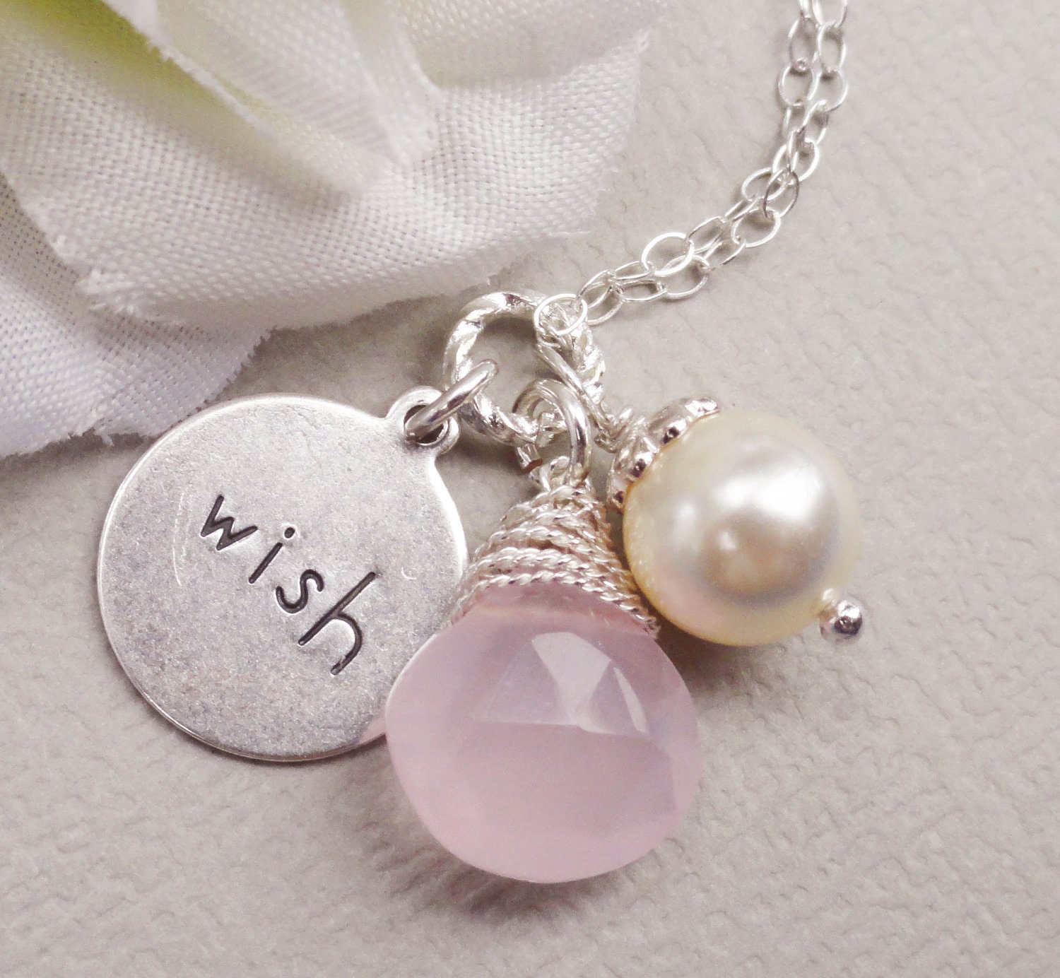 Wish Necklace With Salmon Pink Chalcedony And Swarovski Pearl - SOLID STERLING SILVER
