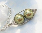 Two Peas In A Pod Silver Pendant Necklace Wire Wrapped Light Green Swarovski Pearls - or Choose Your Color- Great Gift Idea for Mom