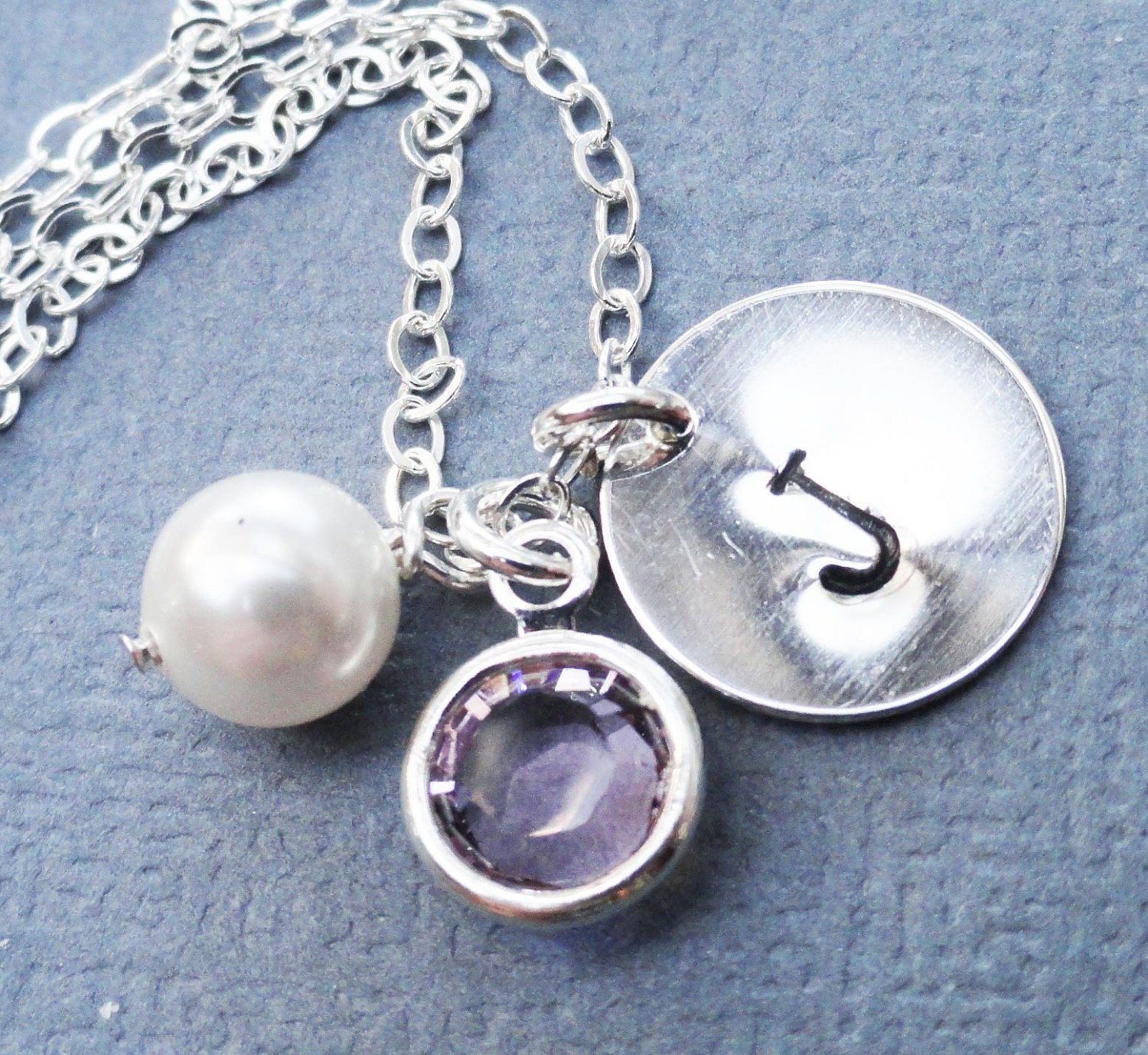 Personalized Handstamped Sterling Silver Disc With Pearl And Birhstone. All Sterling Silver   Bridal Bridesmaids Wedding Party