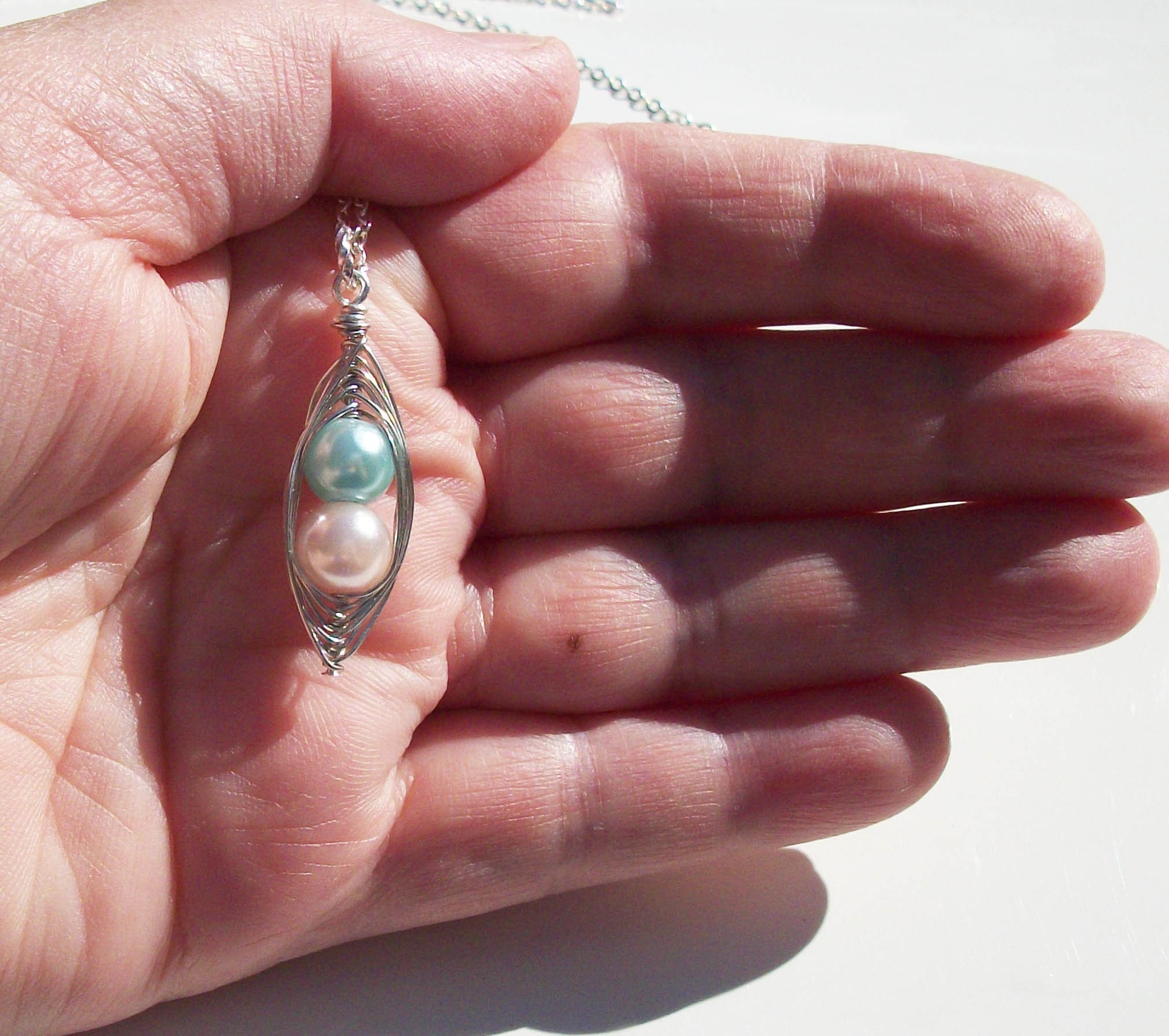 Peas In A Pod Silver Pendant - Pink And Blue Pearls  For a Special Boy and Girl