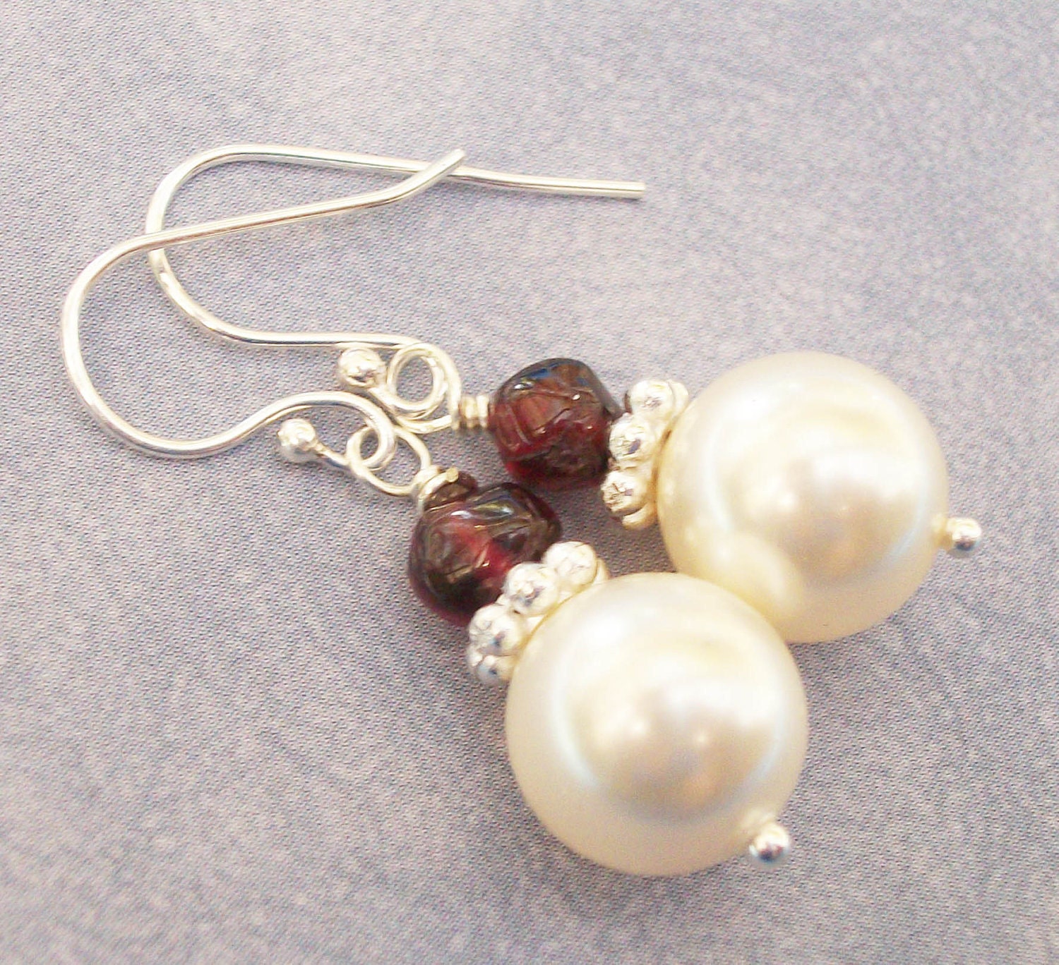 Swarovski Pearl And Red Garnet Sterling Silver Earrings - January Birthstone