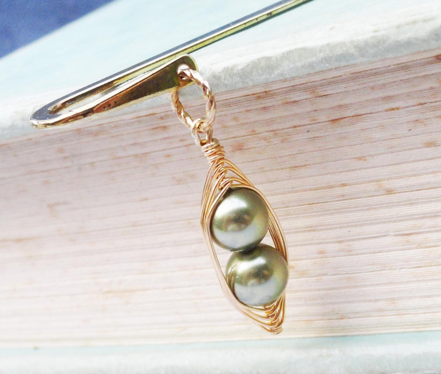 Two Peas In A Pod Gold Bookmark - Choose Your Color Swarovski Pearls And Metal.  Ideal Gift