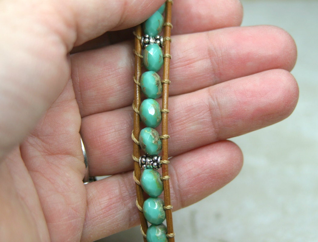 Beaded Leather Bracelet with Glass and Sterling Silver