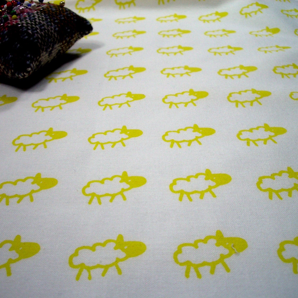 Sheeps - hand screen printed large quarter - Acid Yellow on White