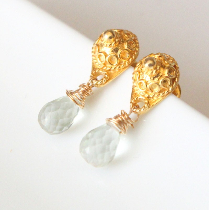 Green Earrings Faceted Quartz and Gold Fill Bali Filigree Earposts Luxury Gemstone Designs by Truly Enchanted