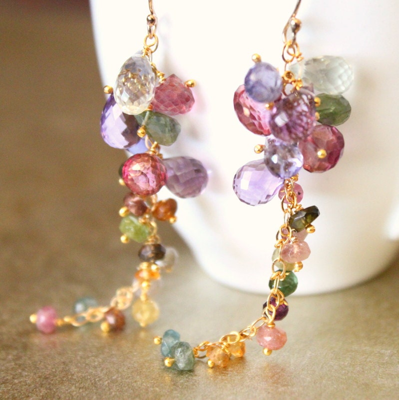 Wedding Jewelry, Bridal Earrings Pastel Gemstone Floral Motif Gold Earrings-Handmade Luxury Gemstone Jewelry --PRINTEMPS