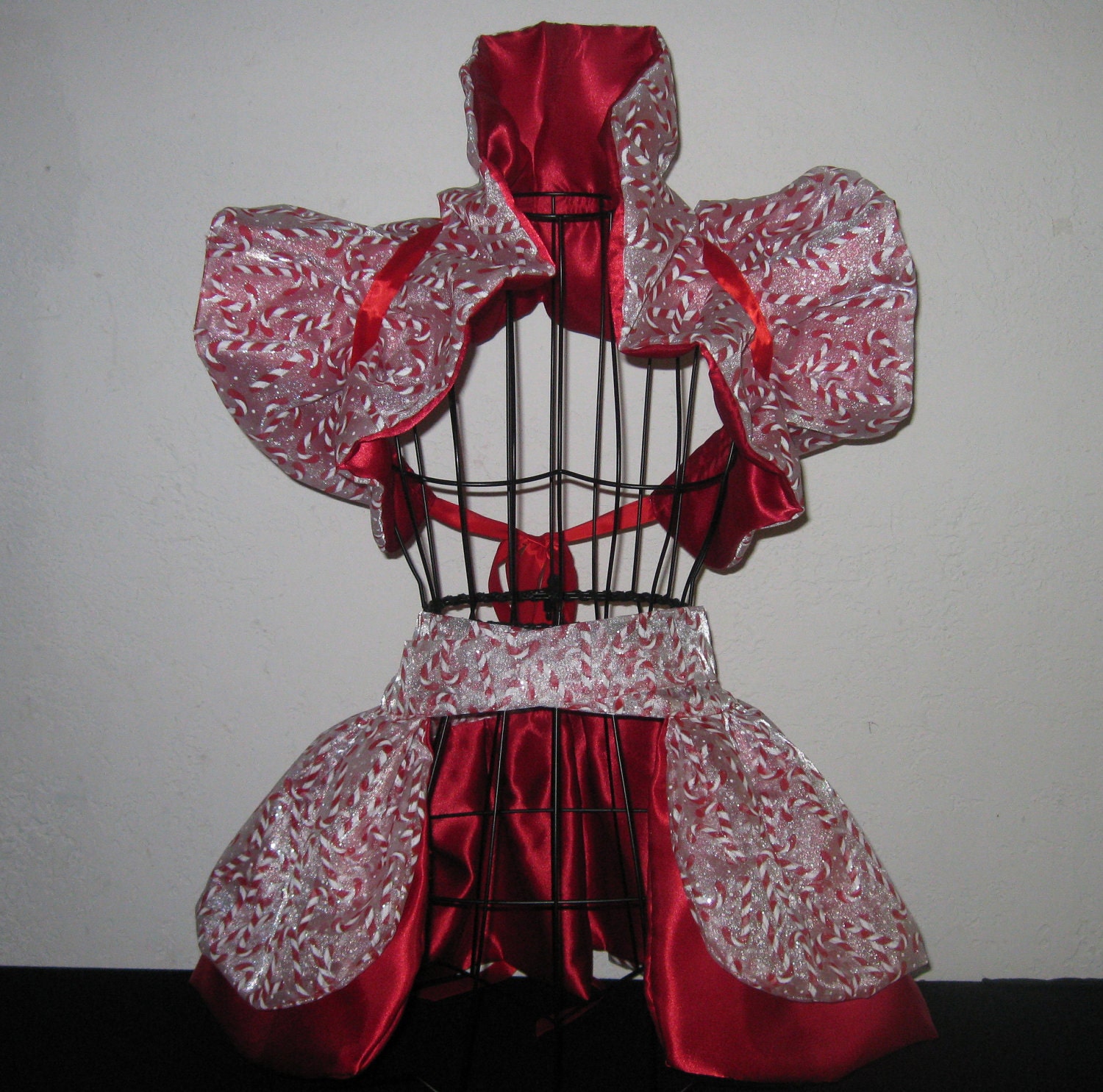 Candy Cane Christmas Satin & Organza Bolero Shrug Wrap w/ matching apron,bustle, peplum burlesque skirt. ......