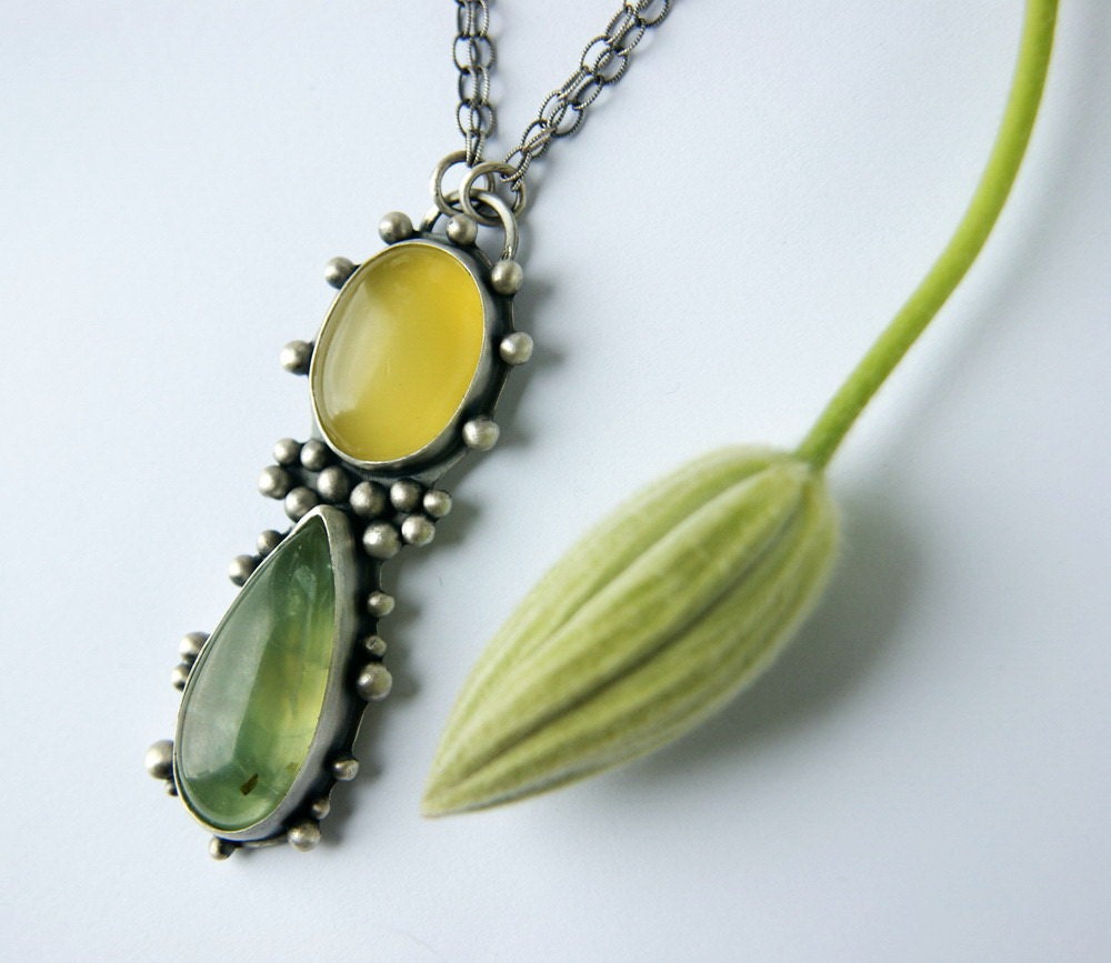 S.A.L.E. 25% off - Leaves of Spring - Prehnite and Chalcedony Sterling Silver Necklace