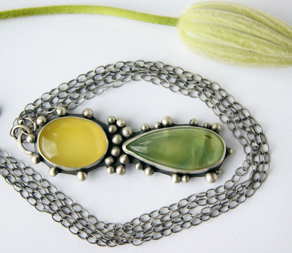 S.A.L.E. 25% off - Leaves of Spring - Prehnite and Chalcedony Sterling Silver Necklace