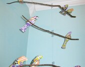 Bird Mobile - branches - 3 tiered - baby bird - in purple, pink, gree, brown, and white