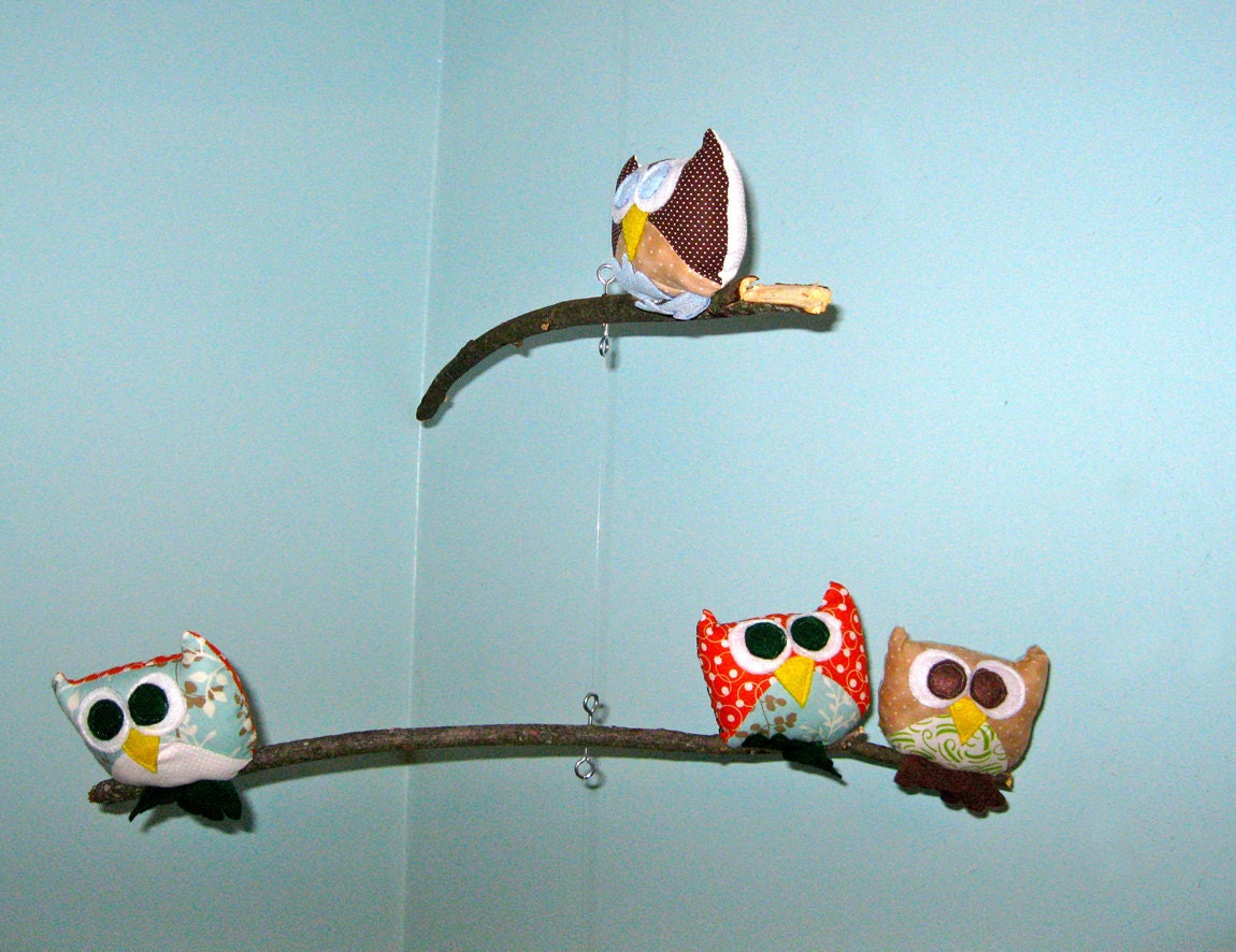 Owl Mobile-Owl Animals- 3 Tiered-branches-brown-green-orange-white-blue