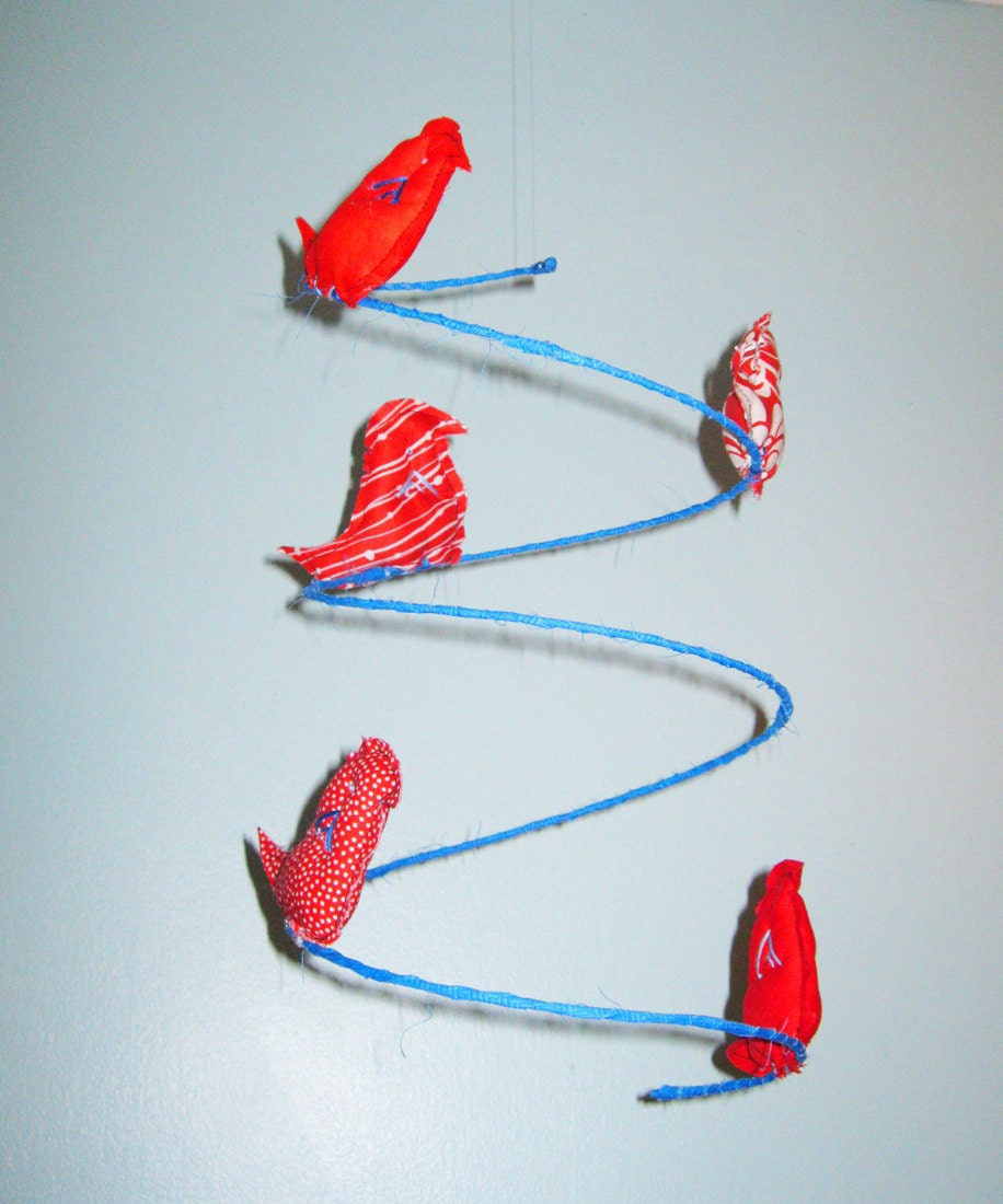 Spiral Bird Mobile-Fabric Wrapped-blue, red, white
