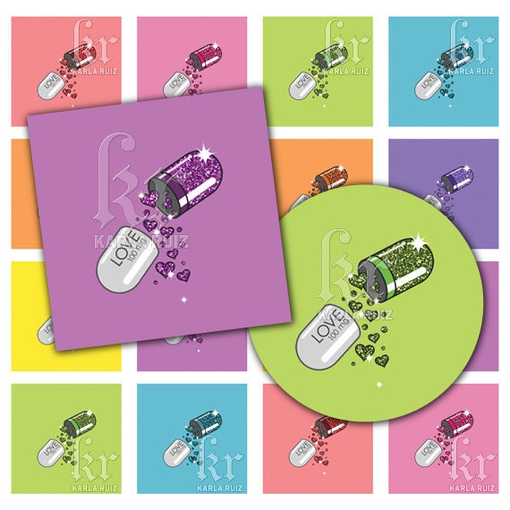 Love Drug Pill Glitter Print (dc2LoveDrugGlitz) digital collage sheet in Scrabble size , Circle or Square in 1 inch or 1.5 inches