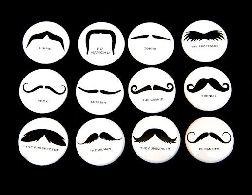 Mustaches Set of 12 - Pinbacks Buttons Badges 1 inch - White