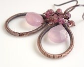 Wire wrapped copper earrings, Light pale pink chalcedony earrings, Pink gemstone and copper jewelry, Pink teardrop earrings