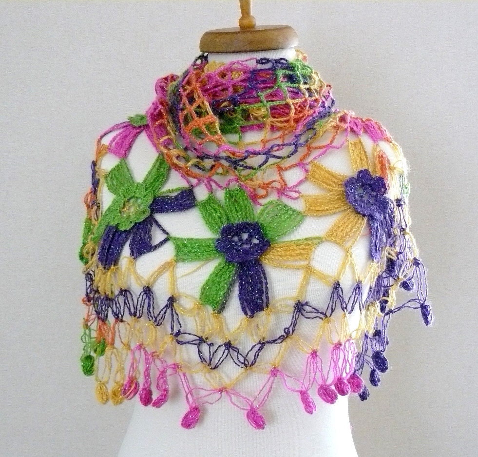 SHAWL on Sale- Ready to ship - Multicolor mohair flower garden glimmers shawl - Pink yellow green