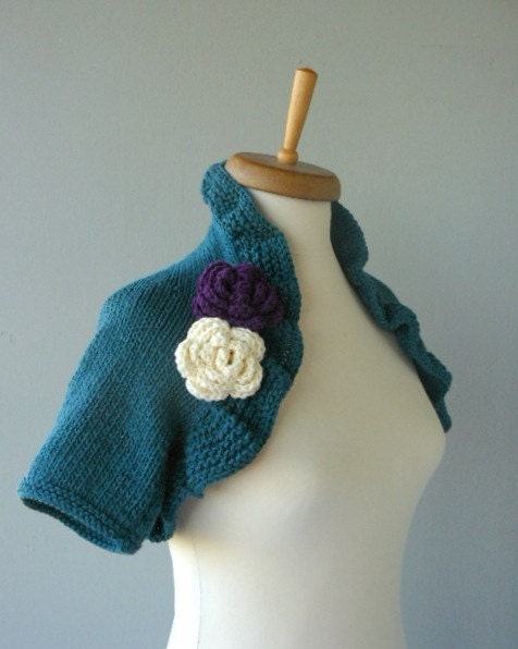 BIG SALE PERCENT OF 25 - JUST FOR A WEEK - DARK TURQUOISE BLUE GREEN SUEDED COTTON SHRUG - READY TO SHIP- USE 4 SEASON - KNITTED BY ORGANIC YARN