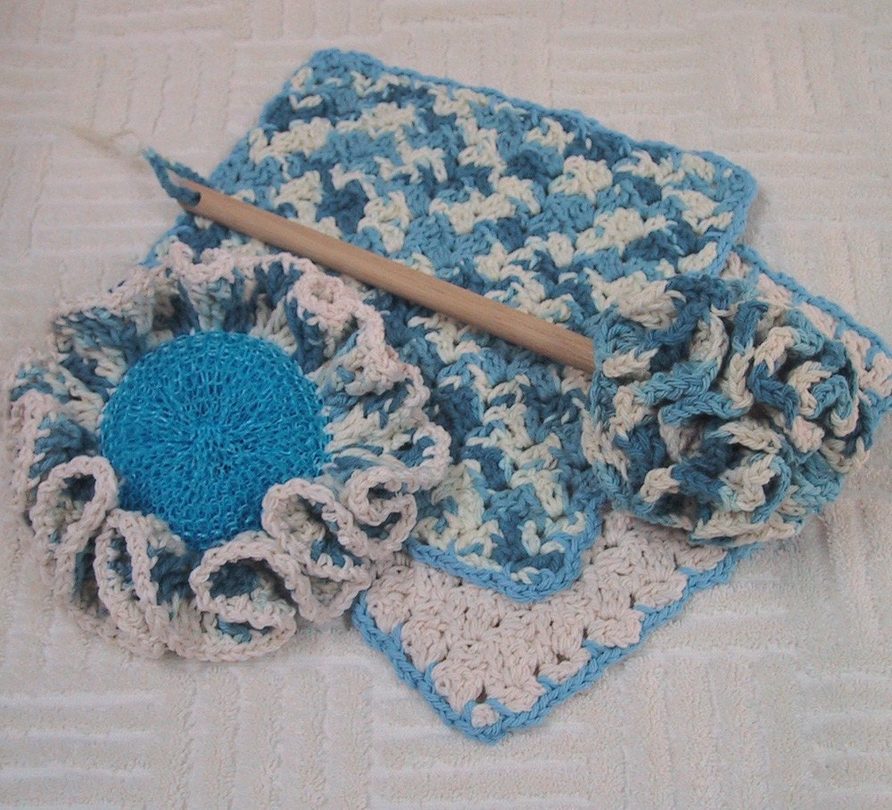 4 Pc Country Kitchen Set - Dish Mop, Ruffled Scrubber, 2 Dish Cloths - Handmade Cotton Yarn in Natural Ecru and Blue Colors