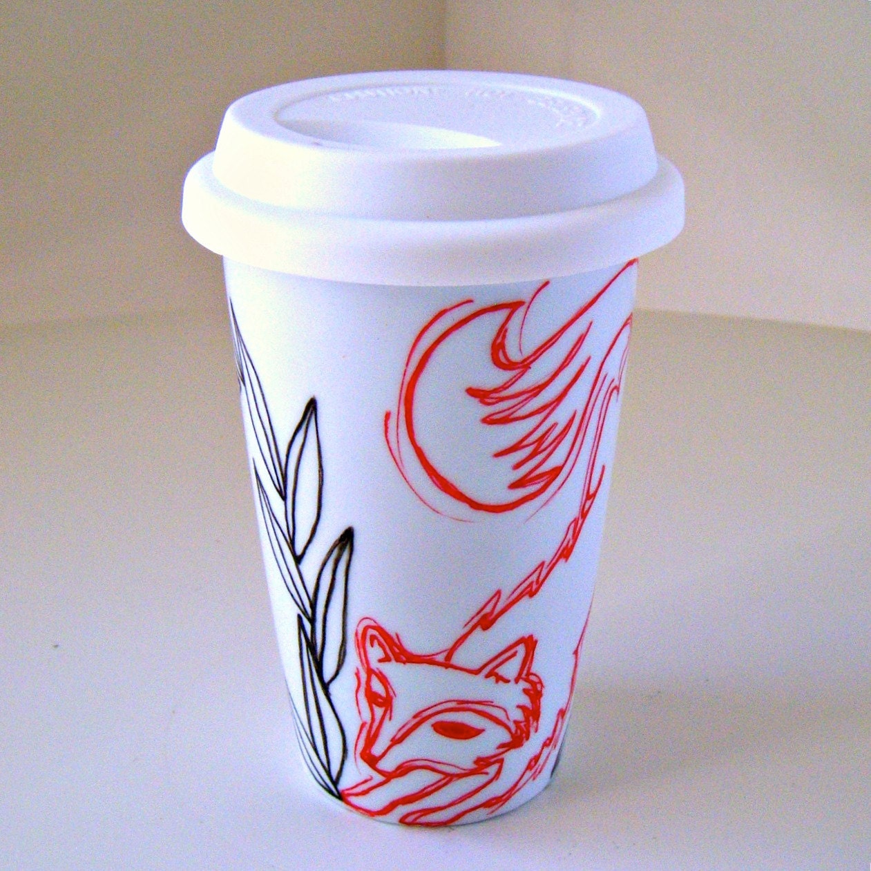 Ceramic Travel Mug Painted Red Fox Black White Leaves Eco Friendly Woodland Animals Nature handmade by sewZinski on Etsy