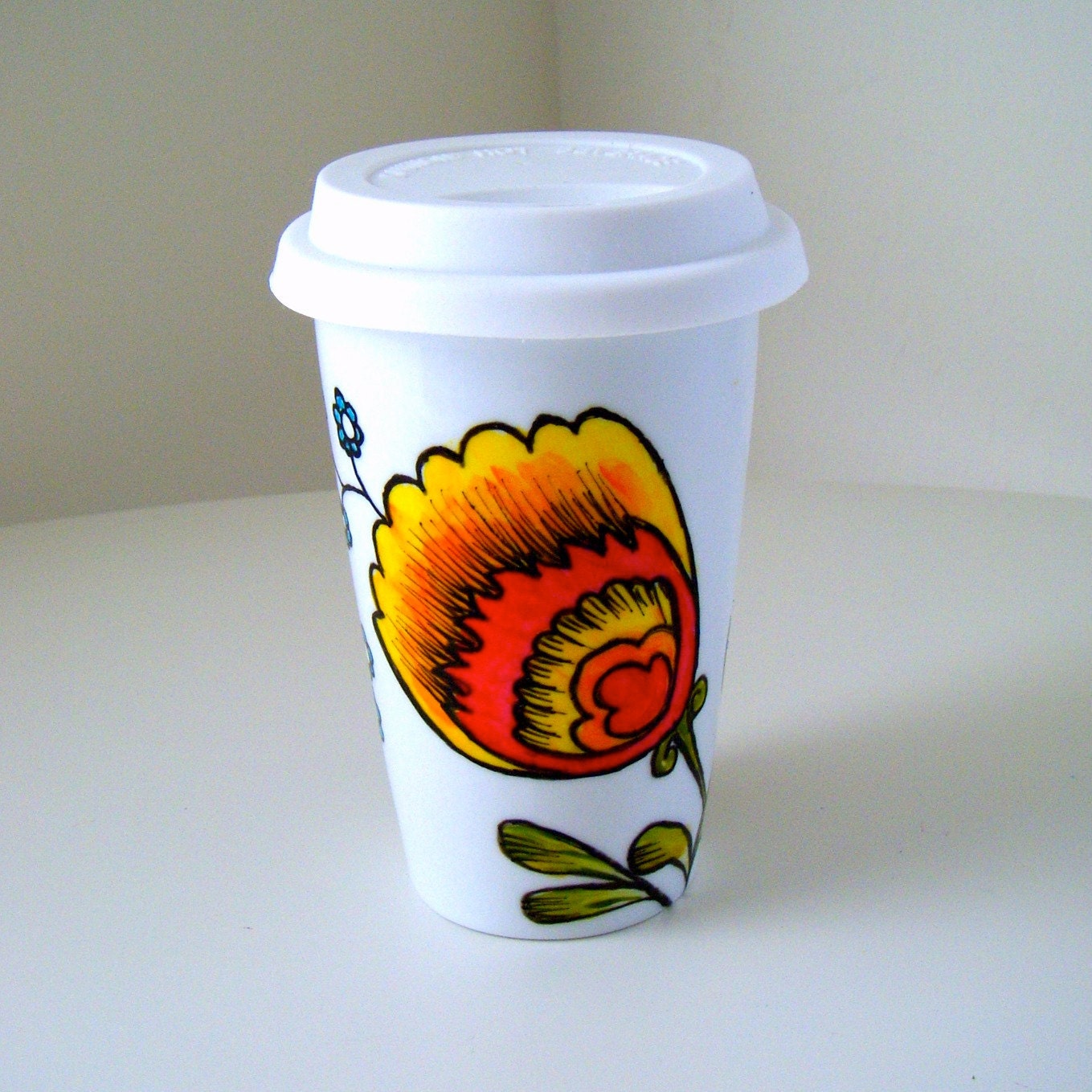 Ceramic Travel Mug Coffee Cup Polish Folk Flowers Orange Yellow Red Nature Botanicals Painted - Black Friday Etsy Cyber Monday Etsy