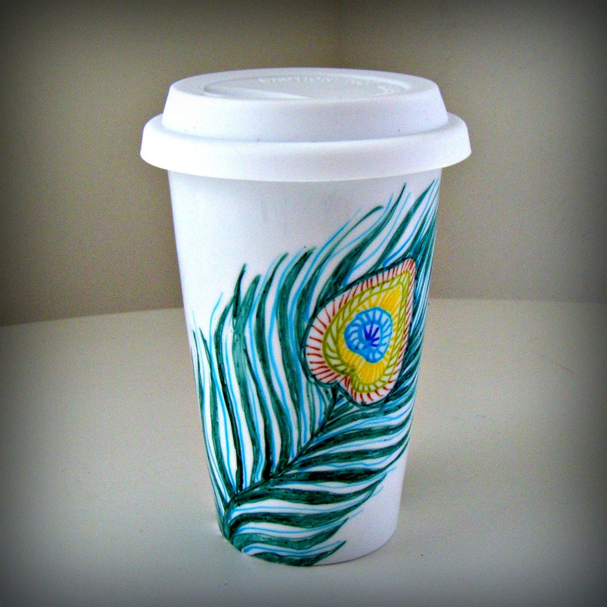 Peacock Feathers Ceramic Travel Mug Painted Nature Greens Yellow Brown Turquoise Blue Eco Friendly
