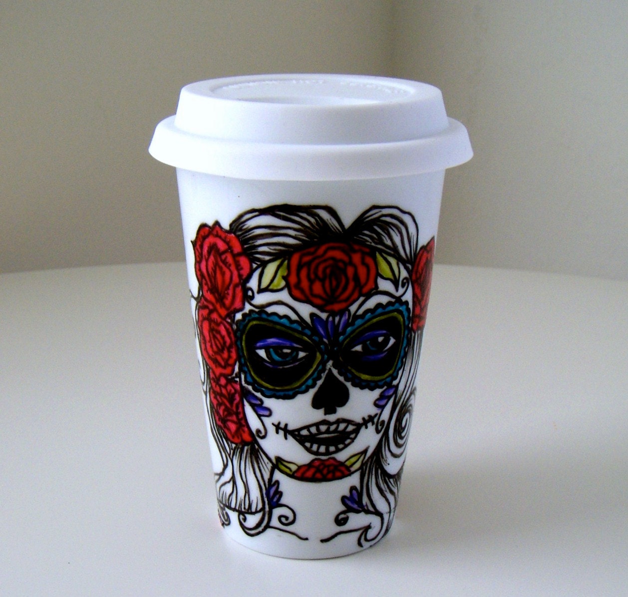 Ceramic Travel Mug Roses Day of the Dead Mexican Princess Folk Art Woman Gypsy Painted dia de los muertos by sewZinski