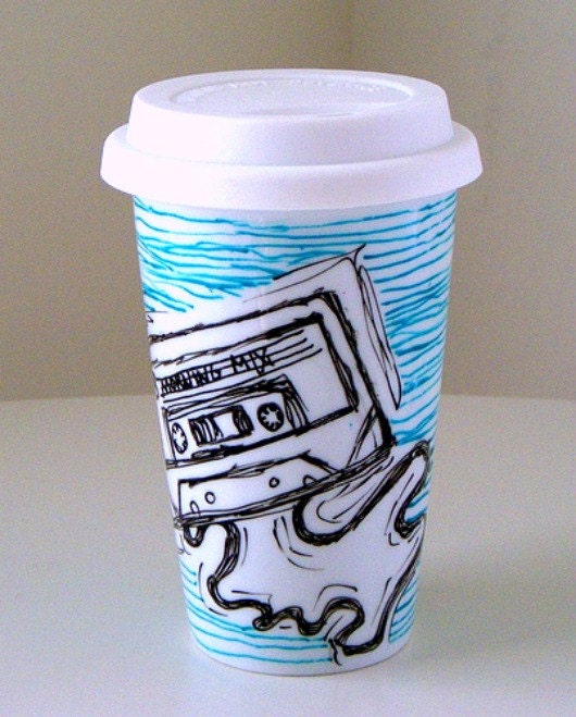Father's Day Gift Ceramic Travel Mug Black White Cassette Tape Geekery Blue Lines 80s coffee cup hipster retro hand painted