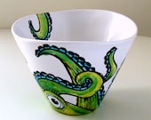 Ceramic Bowl Green Octopus White Turquoise Painted Kraken modern cephalopod tentacles sea creature nautical - MADE TO ORDER