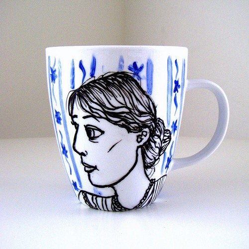 Ceramic Coffee Mug portrait Virginia Woolf Homage writer painted black white blue periwinkle American Authors