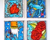 Ceramic Coaster Set Folk Art Tiles Tattoo Heart Bird Roses Wings Hand Blue Turquoise Red by sewZinski