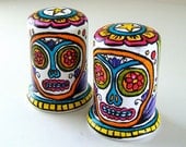 Sugar Skulls Salt and Pepper Shakers Ceramic Hand Painted Day of the Dead Folk Art Tabletop Pink Green Turquoise Yellow - MADE TO ORDER