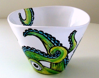 Ceramic Bowl Green Octopus White Turquoise Painted Kraken modern cephalopod tentacles sea creature nautical - MADE TO ORDER